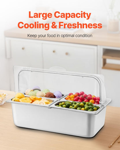 Chilled Condiment Server Caddy, 5 Compartment Ice Cooled Serving Container, Plastic Fruit Garnish Tray Platter with Lid, for Taco Salad Bar Accessories, Party Home Restaurant Supplies