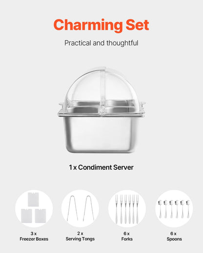 Chilled Condiment Server Caddy, 5 Compartment Ice Cooled Serving Container, Plastic Fruit Garnish Tray Platter with Lid, for Taco Salad Bar Accessories, Party Home Restaurant Supplies