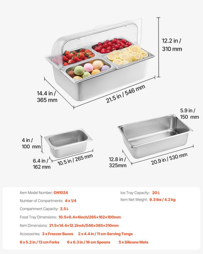 Chilled Condiment Server Caddy, 5 Compartment Ice Cooled Serving Container, Plastic Fruit Garnish Tray Platter with Lid, for Taco Salad Bar Accessories, Party Home Restaurant Supplies
