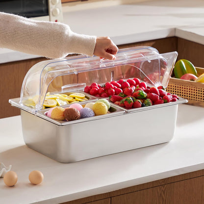 Chilled Condiment Server Caddy, 5 Compartment Ice Cooled Serving Container, Plastic Fruit Garnish Tray Platter with Lid, for Taco Salad Bar Accessories, Party Home Restaurant Supplies