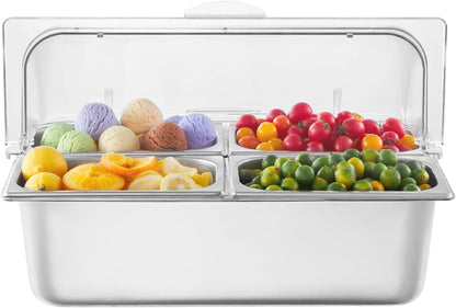 Chilled Condiment Server Caddy, 5 Compartment Ice Cooled Serving Container, Plastic Fruit Garnish Tray Platter with Lid, for Taco Salad Bar Accessories, Party Home Restaurant Supplies