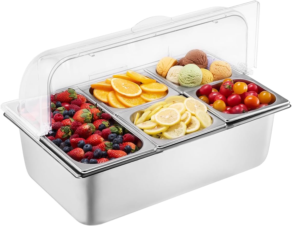 Chilled Condiment Server Caddy, 5 Compartment Ice Cooled Serving Container, Plastic Fruit Garnish Tray Platter with Lid, for Taco Salad Bar Accessories, Party Home Restaurant Supplies