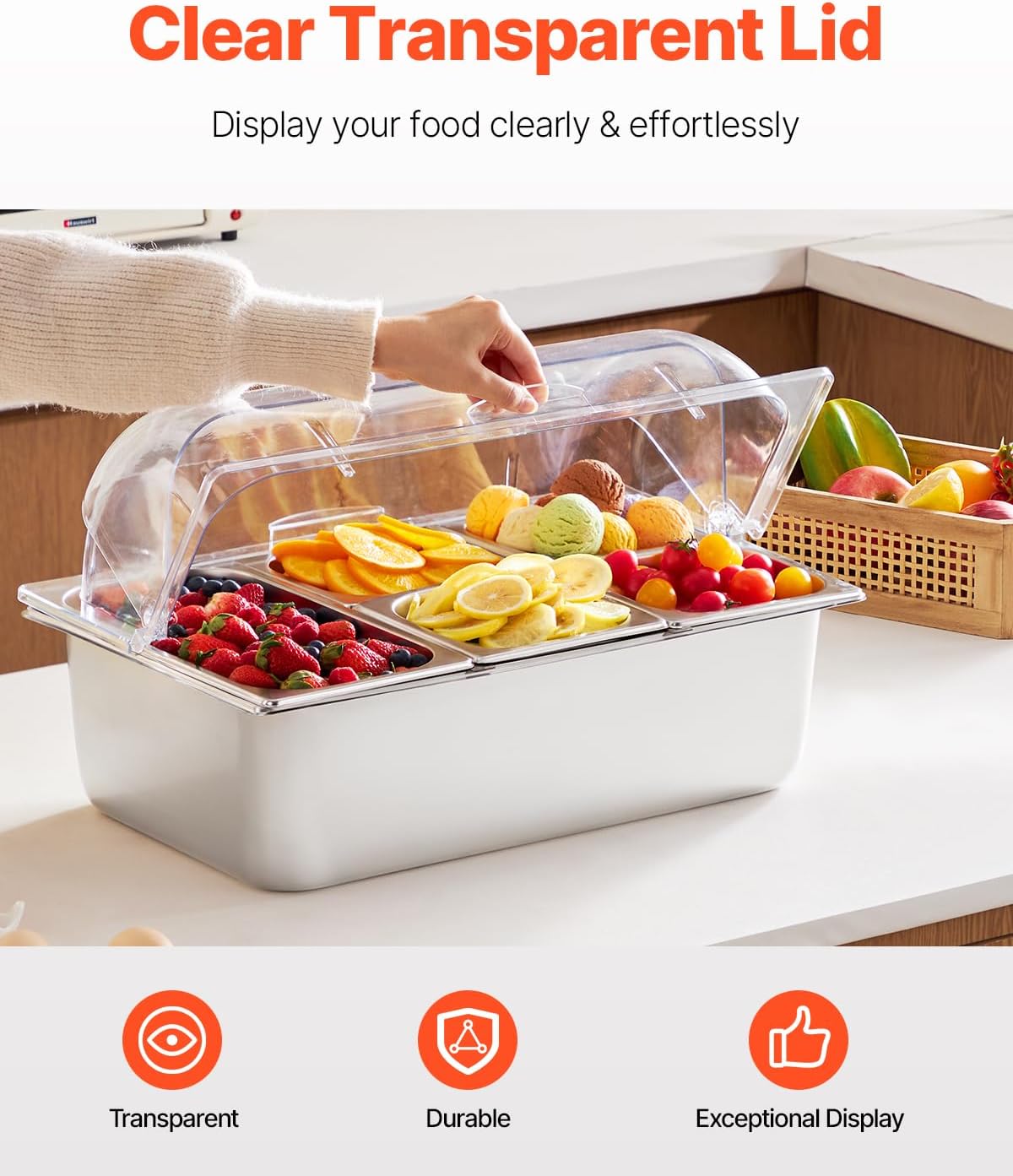 Chilled Condiment Server Caddy, 5 Compartment Ice Cooled Serving Container, Plastic Fruit Garnish Tray Platter with Lid, for Taco Salad Bar Accessories, Party Home Restaurant Supplies