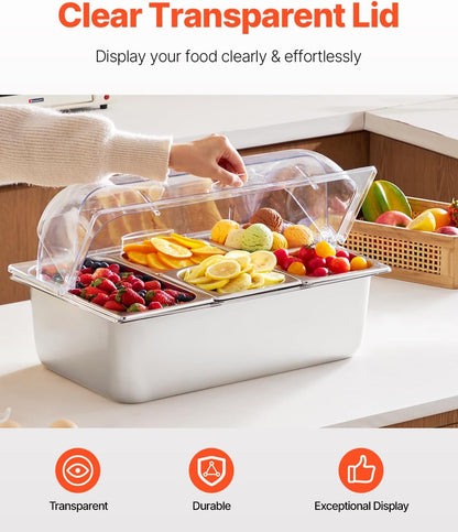Chilled Condiment Server Caddy, 5 Compartment Ice Cooled Serving Container, Plastic Fruit Garnish Tray Platter with Lid, for Taco Salad Bar Accessories, Party Home Restaurant Supplies