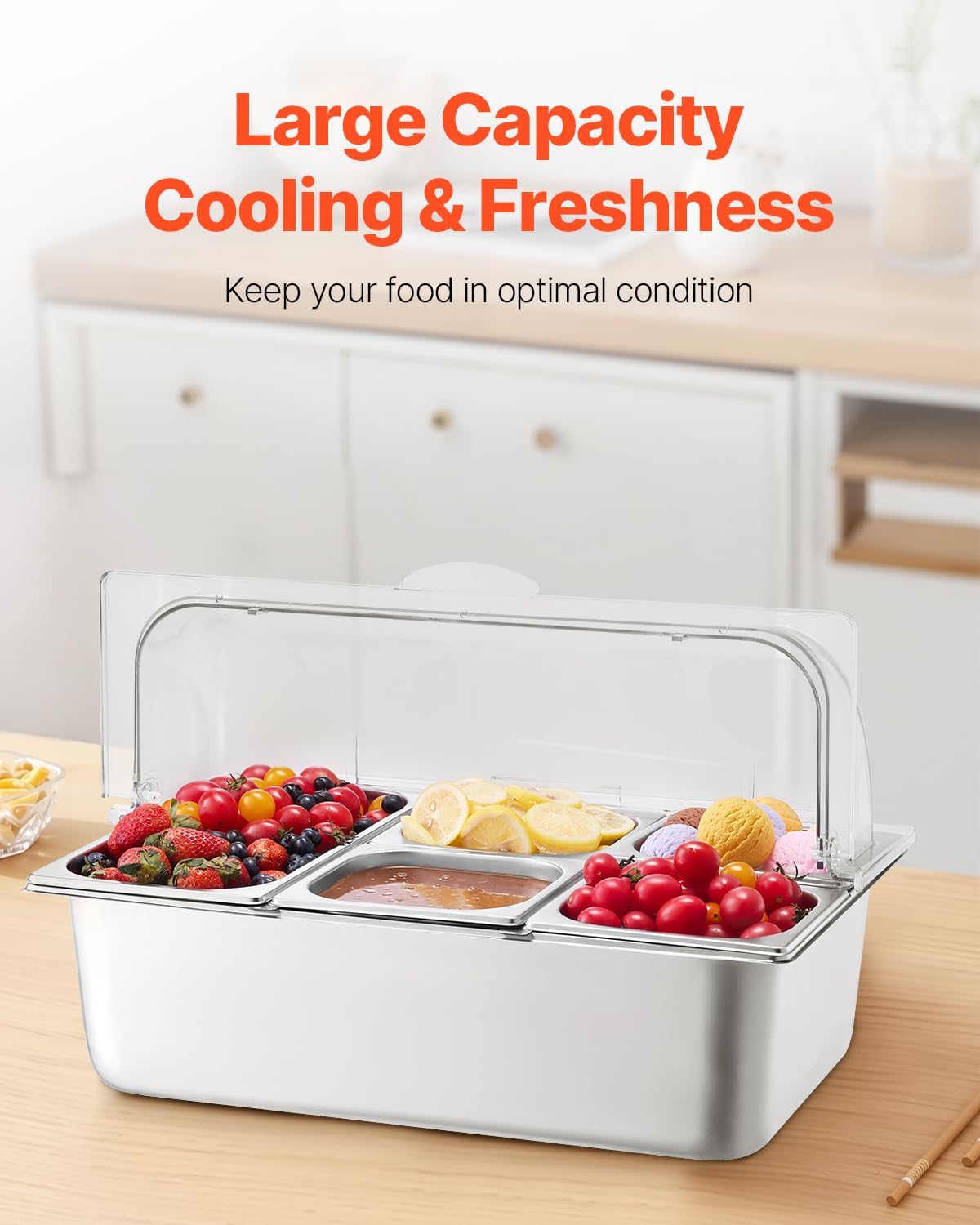 Chilled Condiment Server Caddy, 5 Compartment Ice Cooled Serving Container, Plastic Fruit Garnish Tray Platter with Lid, for Taco Salad Bar Accessories, Party Home Restaurant Supplies