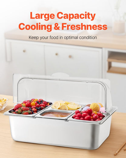 Chilled Condiment Server Caddy, 5 Compartment Ice Cooled Serving Container, Plastic Fruit Garnish Tray Platter with Lid, for Taco Salad Bar Accessories, Party Home Restaurant Supplies