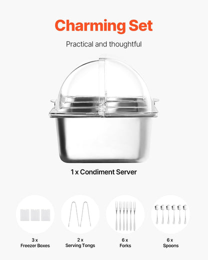 Chilled Condiment Server Caddy, 5 Compartment Ice Cooled Serving Container, Plastic Fruit Garnish Tray Platter with Lid, for Taco Salad Bar Accessories, Party Home Restaurant Supplies