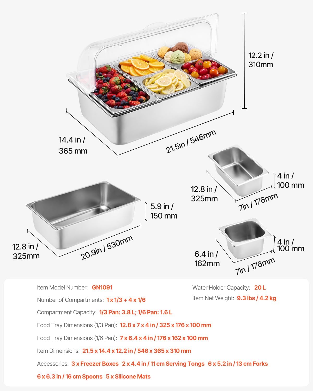 Chilled Condiment Server Caddy, 5 Compartment Ice Cooled Serving Container, Plastic Fruit Garnish Tray Platter with Lid, for Taco Salad Bar Accessories, Party Home Restaurant Supplies