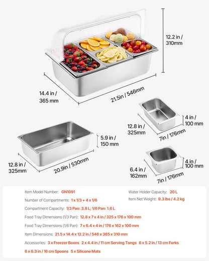 Chilled Condiment Server Caddy, 5 Compartment Ice Cooled Serving Container, Plastic Fruit Garnish Tray Platter with Lid, for Taco Salad Bar Accessories, Party Home Restaurant Supplies