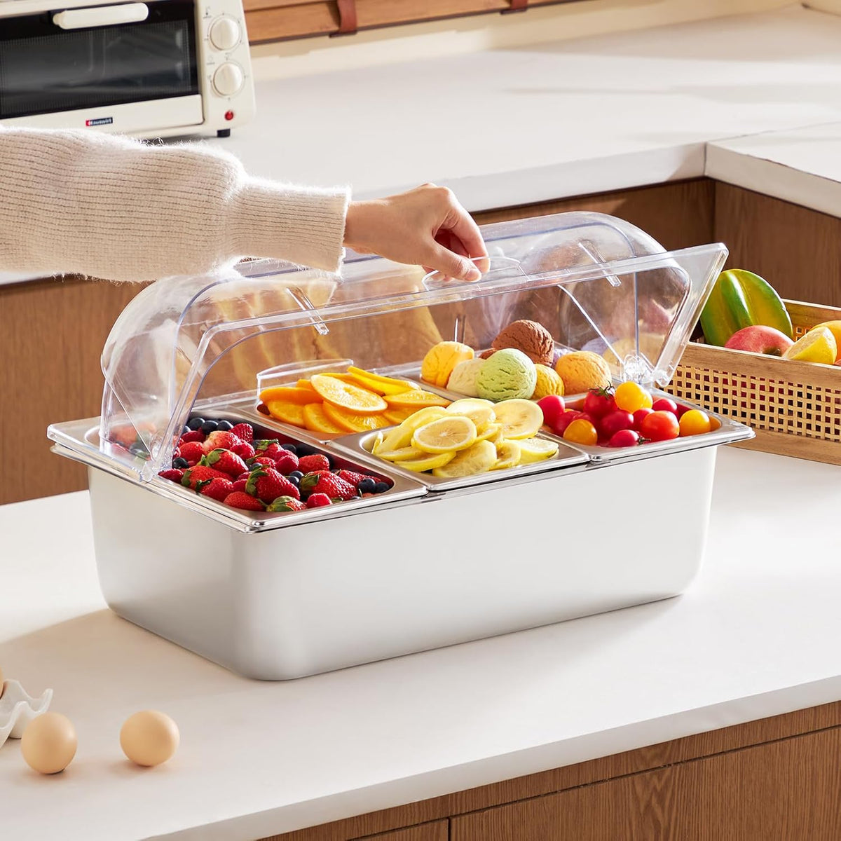 Chilled Condiment Server Caddy, 5 Compartment Ice Cooled Serving Container, Plastic Fruit Garnish Tray Platter with Lid, for Taco Salad Bar Accessories, Party Home Restaurant Supplies