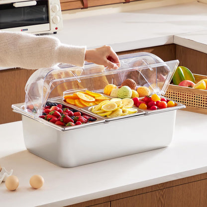 Chilled Condiment Server Caddy, 5 Compartment Ice Cooled Serving Container, Plastic Fruit Garnish Tray Platter with Lid, for Taco Salad Bar Accessories, Party Home Restaurant Supplies