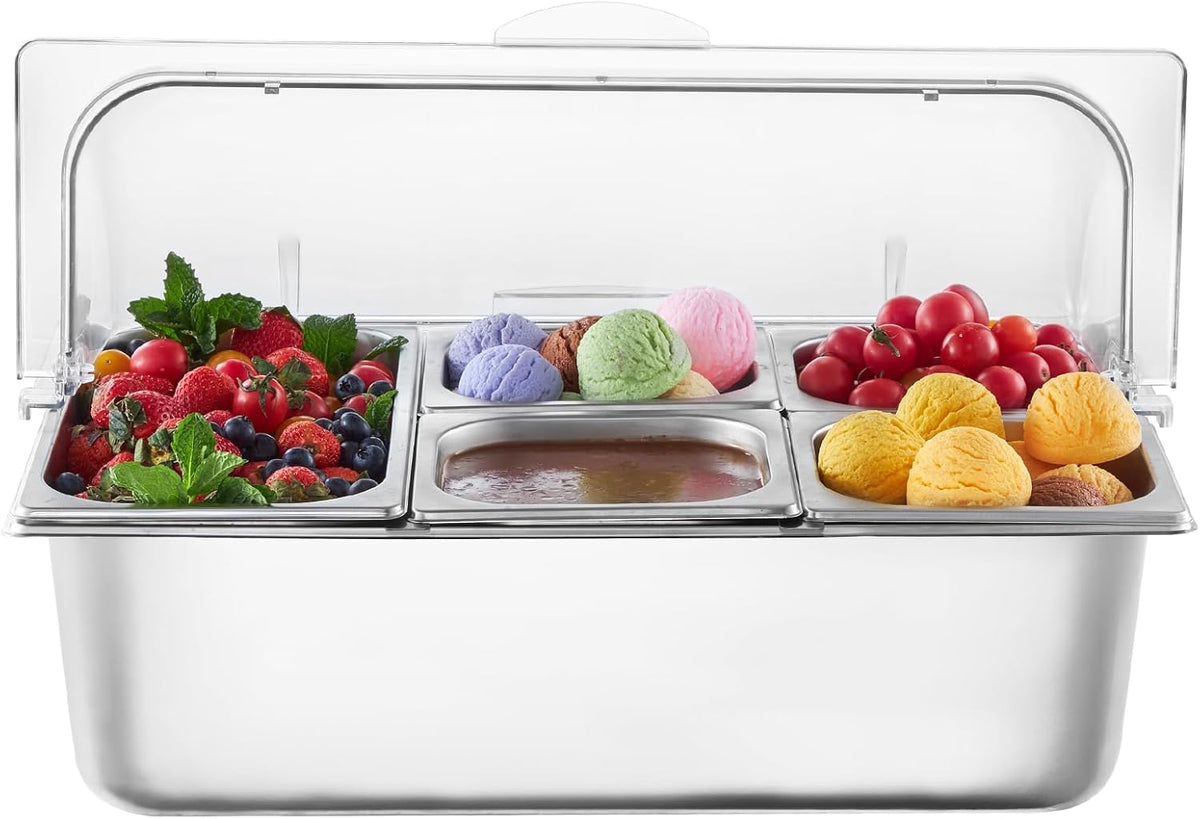 Chilled Condiment Server Caddy, 5 Compartment Ice Cooled Serving Container, Plastic Fruit Garnish Tray Platter with Lid, for Taco Salad Bar Accessories, Party Home Restaurant Supplies