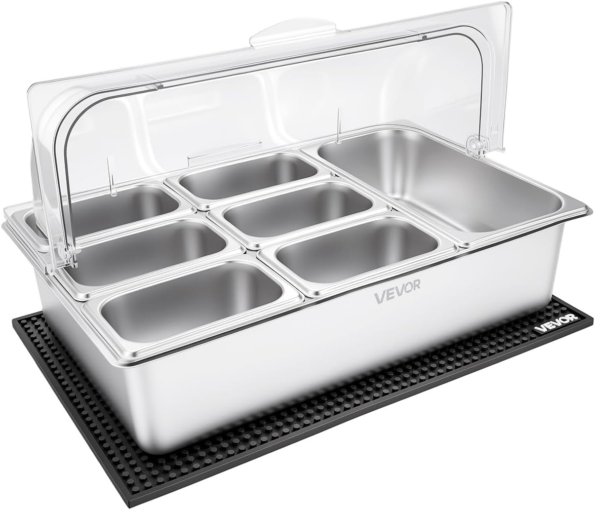 Chilled Condiment Server Caddy, 5 Compartment Ice Cooled Serving Container, Plastic Fruit Garnish Tray Platter with Lid, for Taco Salad Bar Accessories, Party Home Restaurant Supplies