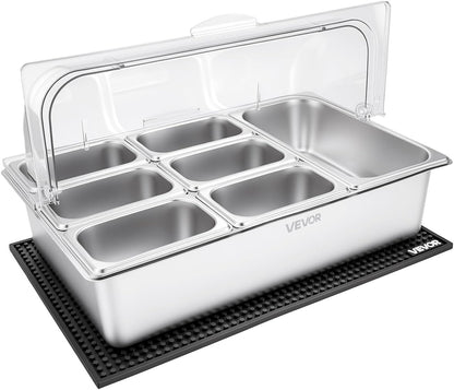Chilled Condiment Server Caddy, 5 Compartment Ice Cooled Serving Container, Plastic Fruit Garnish Tray Platter with Lid, for Taco Salad Bar Accessories, Party Home Restaurant Supplies