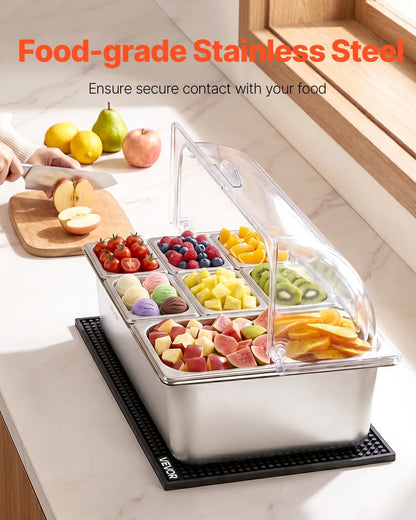 Chilled Condiment Server Caddy, 5 Compartment Ice Cooled Serving Container, Plastic Fruit Garnish Tray Platter with Lid, for Taco Salad Bar Accessories, Party Home Restaurant Supplies