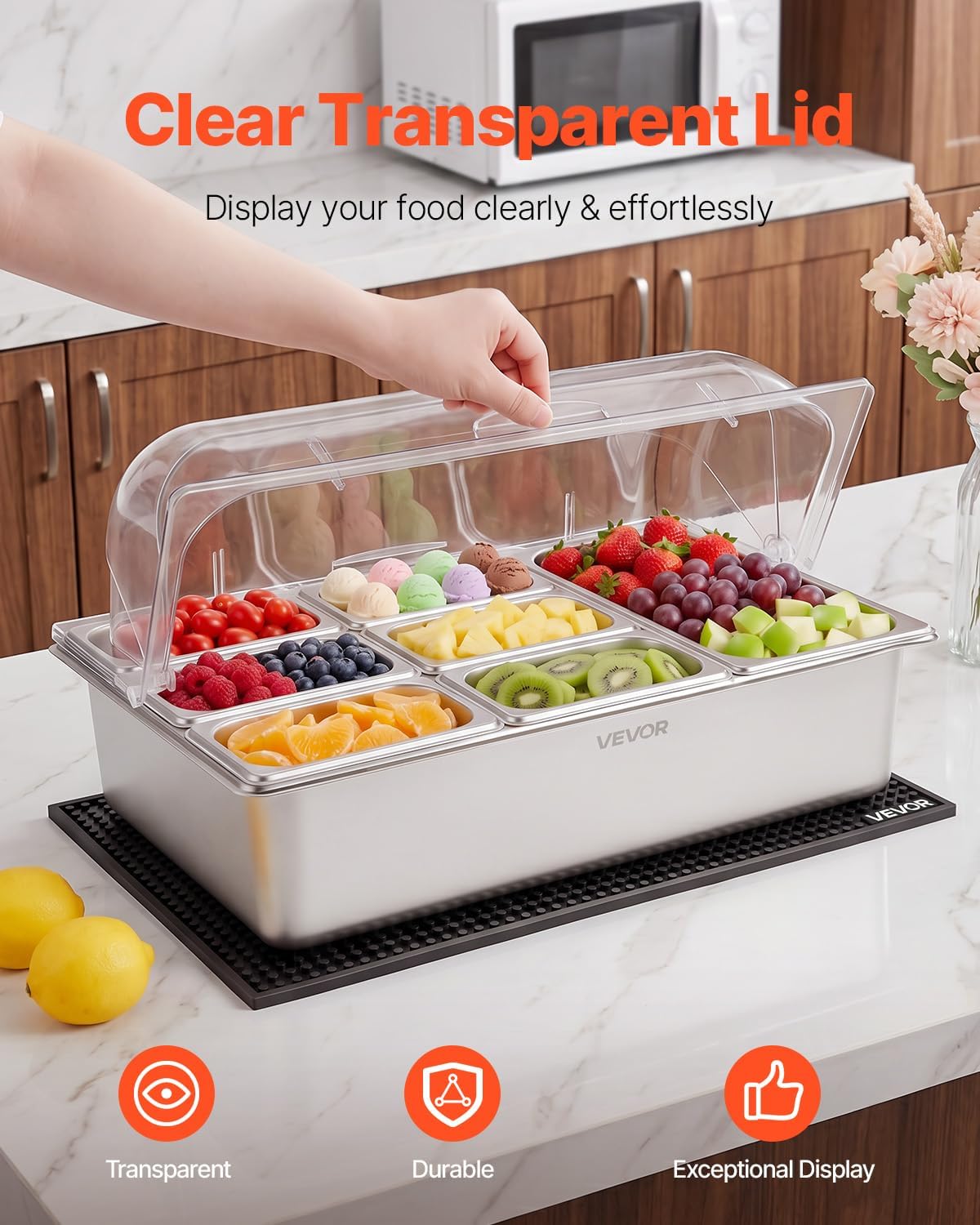 Chilled Condiment Server Caddy, 5 Compartment Ice Cooled Serving Container, Plastic Fruit Garnish Tray Platter with Lid, for Taco Salad Bar Accessories, Party Home Restaurant Supplies