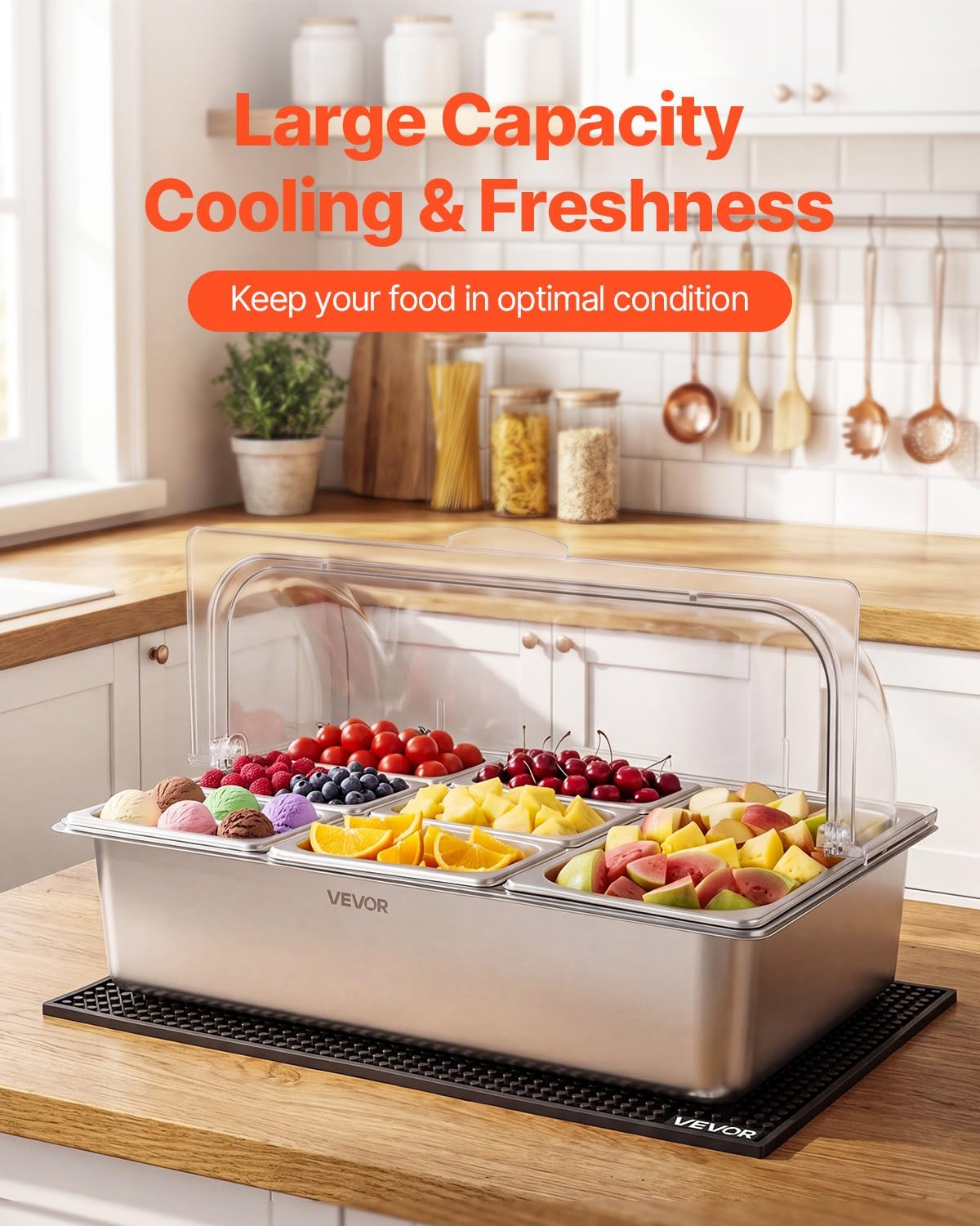 Chilled Condiment Server Caddy, 5 Compartment Ice Cooled Serving Container, Plastic Fruit Garnish Tray Platter with Lid, for Taco Salad Bar Accessories, Party Home Restaurant Supplies