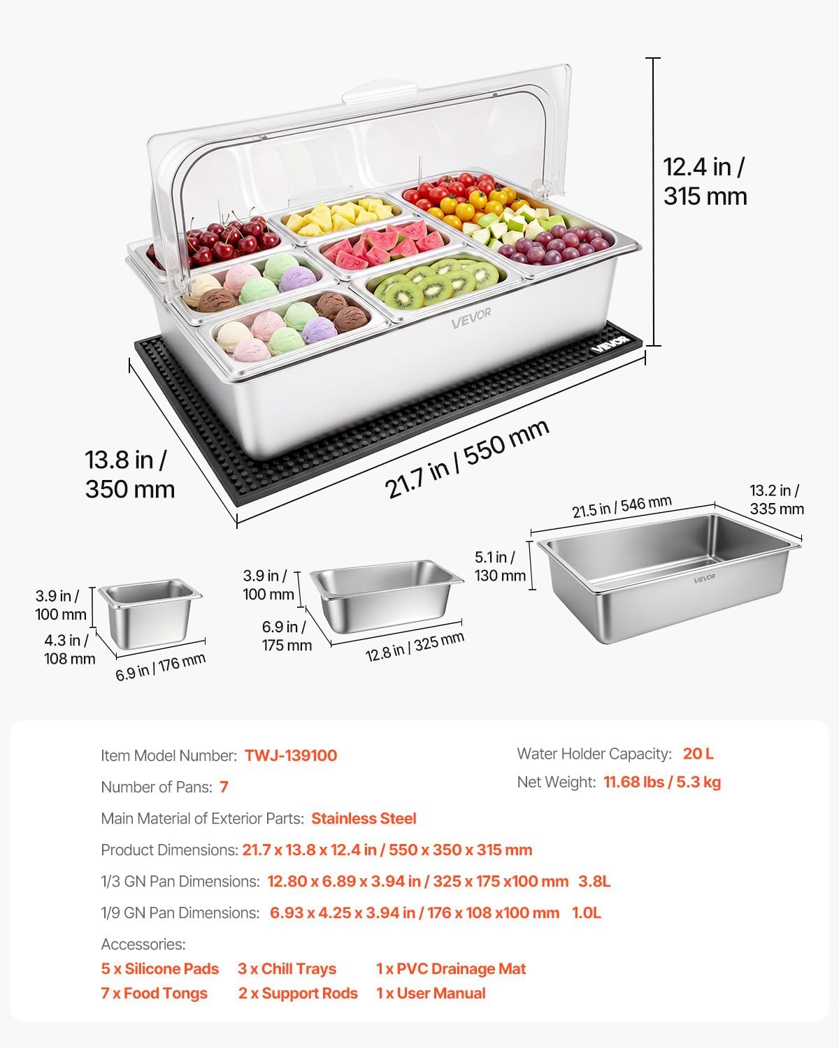 Chilled Condiment Server Caddy, 5 Compartment Ice Cooled Serving Container, Plastic Fruit Garnish Tray Platter with Lid, for Taco Salad Bar Accessories, Party Home Restaurant Supplies
