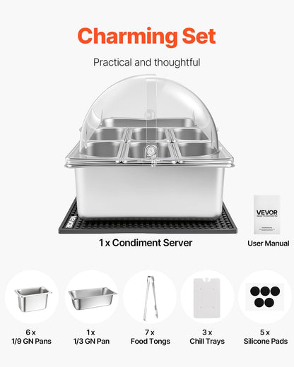 Chilled Condiment Server Caddy, 5 Compartment Ice Cooled Serving Container, Plastic Fruit Garnish Tray Platter with Lid, for Taco Salad Bar Accessories, Party Home Restaurant Supplies