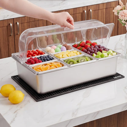 Chilled Condiment Server Caddy, 5 Compartment Ice Cooled Serving Container, Plastic Fruit Garnish Tray Platter with Lid, for Taco Salad Bar Accessories, Party Home Restaurant Supplies