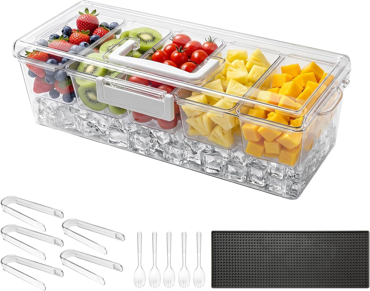 Chilled Condiment Server Caddy, 5 Compartment Ice Cooled Serving Container, Plastic Fruit Garnish Tray Platter with Lid, for Taco Salad Bar Accessories, Party Home Restaurant Supplies