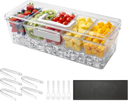 Chilled Condiment Server Caddy, 5 Compartment Ice Cooled Serving Container, Plastic Fruit Garnish Tray Platter with Lid, for Taco Salad Bar Accessories, Party Home Restaurant Supplies