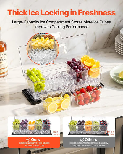 Chilled Condiment Server Caddy, 5 Compartment Ice Cooled Serving Container, Plastic Fruit Garnish Tray Platter with Lid, for Taco Salad Bar Accessories, Party Home Restaurant Supplies