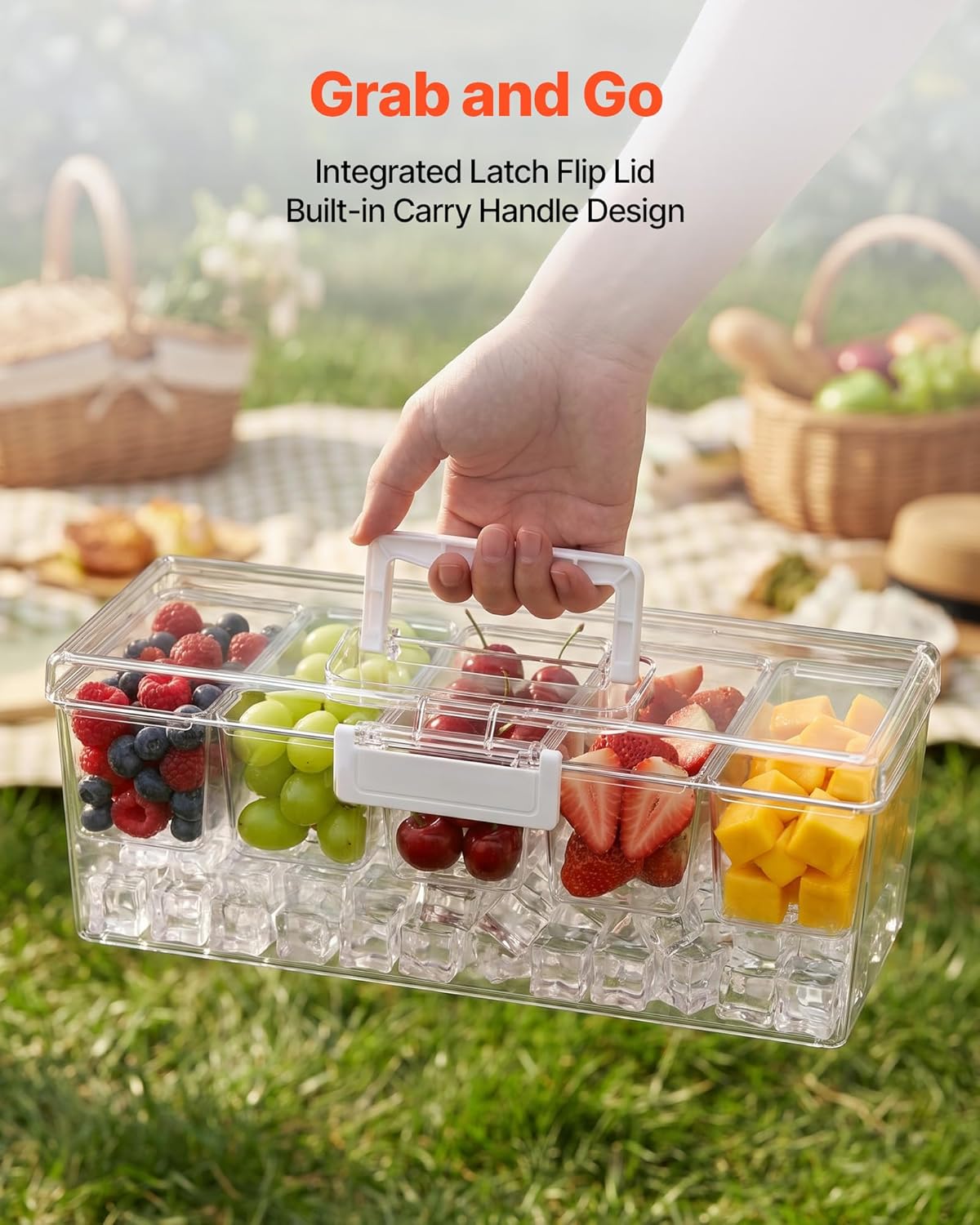Chilled Condiment Server Caddy, 5 Compartment Ice Cooled Serving Container, Plastic Fruit Garnish Tray Platter with Lid, for Taco Salad Bar Accessories, Party Home Restaurant Supplies