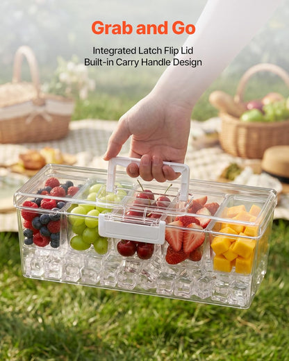Chilled Condiment Server Caddy, 5 Compartment Ice Cooled Serving Container, Plastic Fruit Garnish Tray Platter with Lid, for Taco Salad Bar Accessories, Party Home Restaurant Supplies