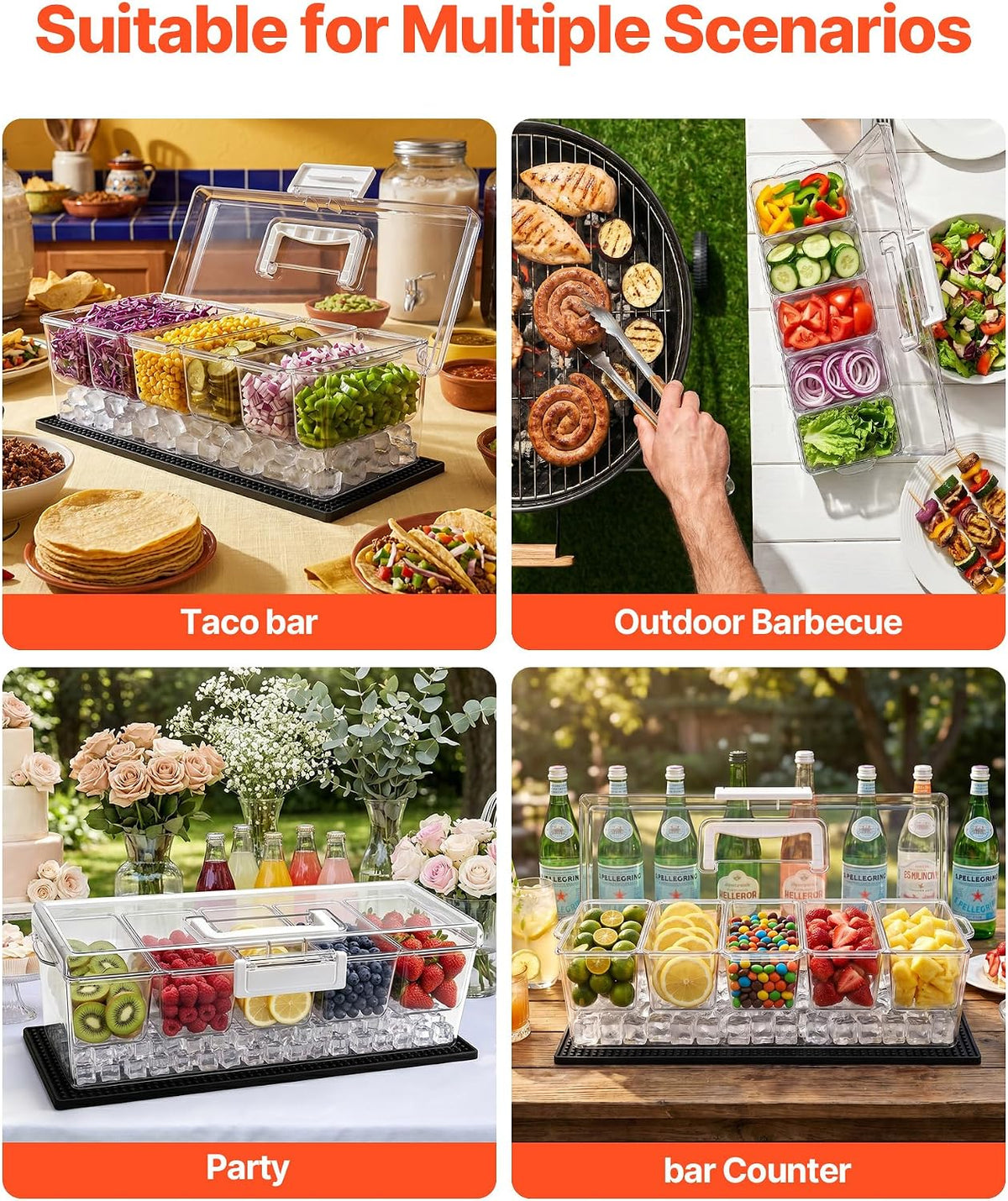 Chilled Condiment Server Caddy, 5 Compartment Ice Cooled Serving Container, Plastic Fruit Garnish Tray Platter with Lid, for Taco Salad Bar Accessories, Party Home Restaurant Supplies