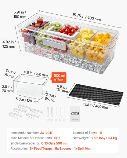 Chilled Condiment Server Caddy, 5 Compartment Ice Cooled Serving Container, Plastic Fruit Garnish Tray Platter with Lid, for Taco Salad Bar Accessories, Party Home Restaurant Supplies