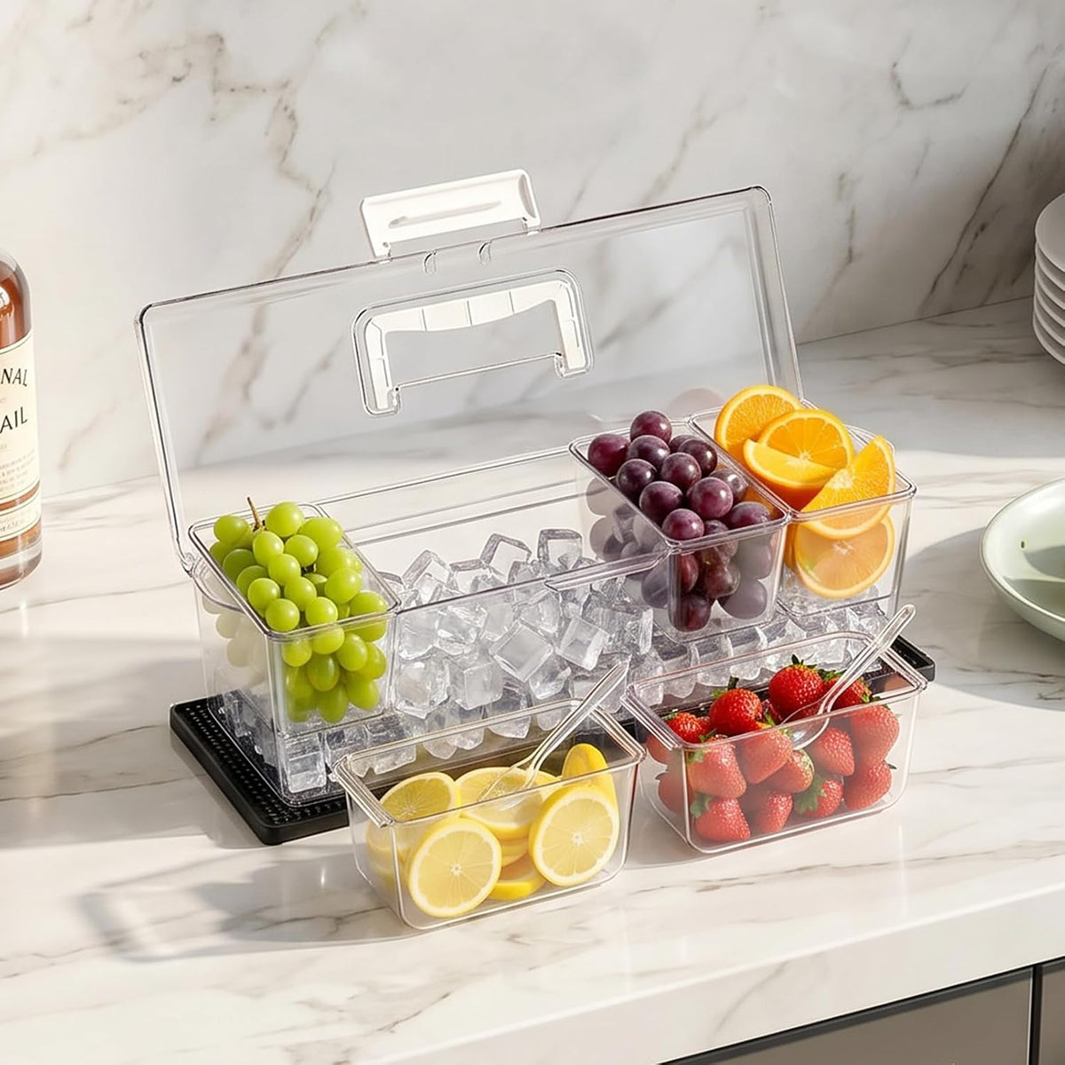 Chilled Condiment Server Caddy, 5 Compartment Ice Cooled Serving Container, Plastic Fruit Garnish Tray Platter with Lid, for Taco Salad Bar Accessories, Party Home Restaurant Supplies