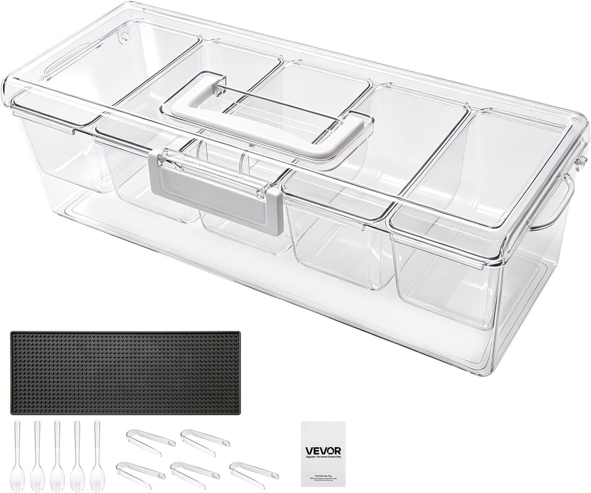 Chilled Condiment Server Caddy, 5 Compartment Ice Cooled Serving Container, Plastic Fruit Garnish Tray Platter with Lid, for Taco Salad Bar Accessories, Party Home Restaurant Supplies