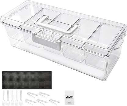 Chilled Condiment Server Caddy, 5 Compartment Ice Cooled Serving Container, Plastic Fruit Garnish Tray Platter with Lid, for Taco Salad Bar Accessories, Party Home Restaurant Supplies