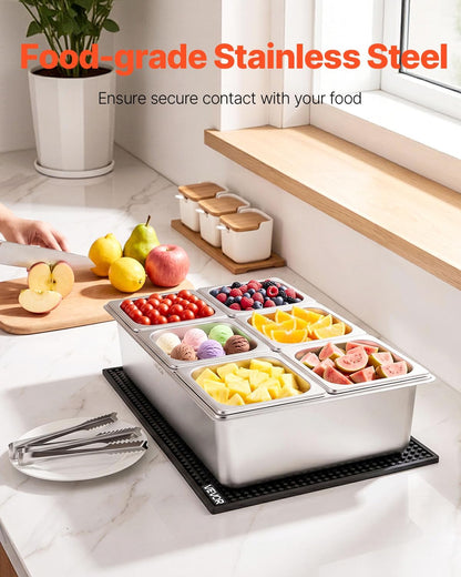 Chilled Condiment Server Caddy, 5 Compartment Ice Cooled Serving Container, Plastic Fruit Garnish Tray Platter with Lid, for Taco Salad Bar Accessories, Party Home Restaurant Supplies