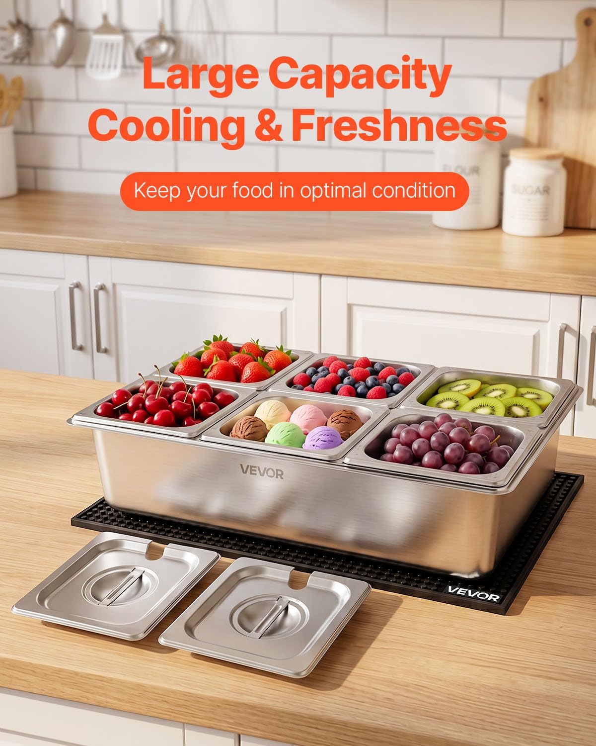 Chilled Condiment Server Caddy, 5 Compartment Ice Cooled Serving Container, Plastic Fruit Garnish Tray Platter with Lid, for Taco Salad Bar Accessories, Party Home Restaurant Supplies