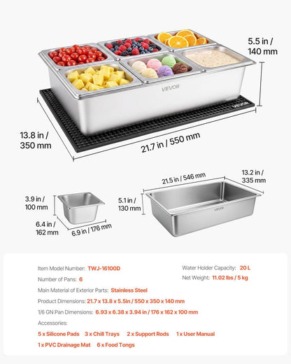 Chilled Condiment Server Caddy, 5 Compartment Ice Cooled Serving Container, Plastic Fruit Garnish Tray Platter with Lid, for Taco Salad Bar Accessories, Party Home Restaurant Supplies