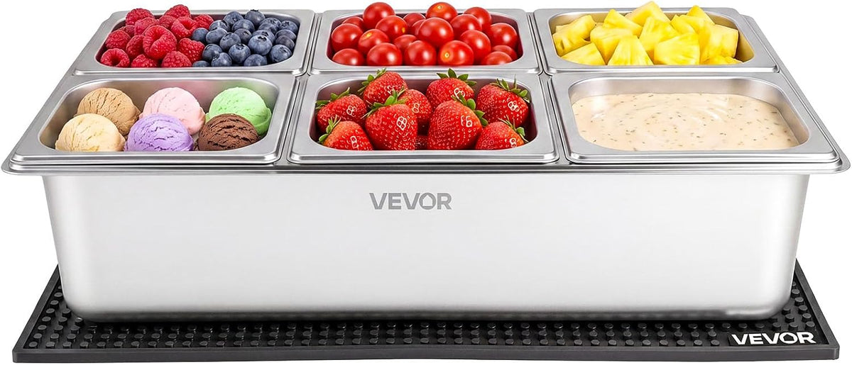 Chilled Condiment Server Caddy, 5 Compartment Ice Cooled Serving Container, Plastic Fruit Garnish Tray Platter with Lid, for Taco Salad Bar Accessories, Party Home Restaurant Supplies