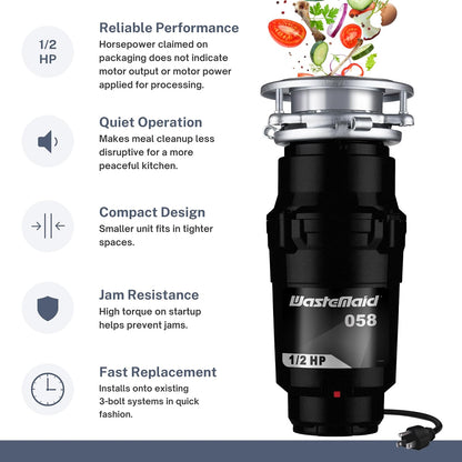 Garbage Disposal, Anti-Jam, Continuous Feed, 1/2 HP Economy