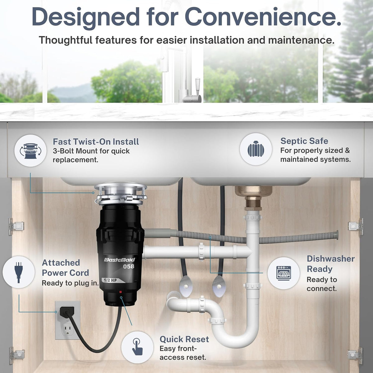 Garbage Disposal, Anti-Jam, Continuous Feed, 1/2 HP Economy