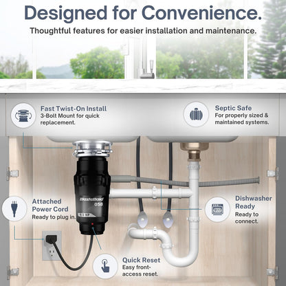 Garbage Disposal, Anti-Jam, Continuous Feed, 1/2 HP Economy