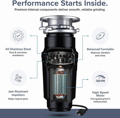 Garbage Disposal, Anti-Jam, Continuous Feed, 1/2 HP Economy