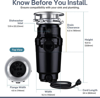 Garbage Disposal, Anti-Jam, Continuous Feed, 1/2 HP Economy