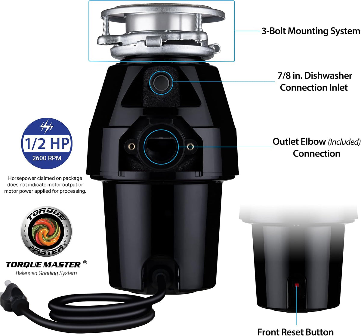 Garbage Disposal, Anti-Jam, Continuous Feed, 1/2 HP Economy