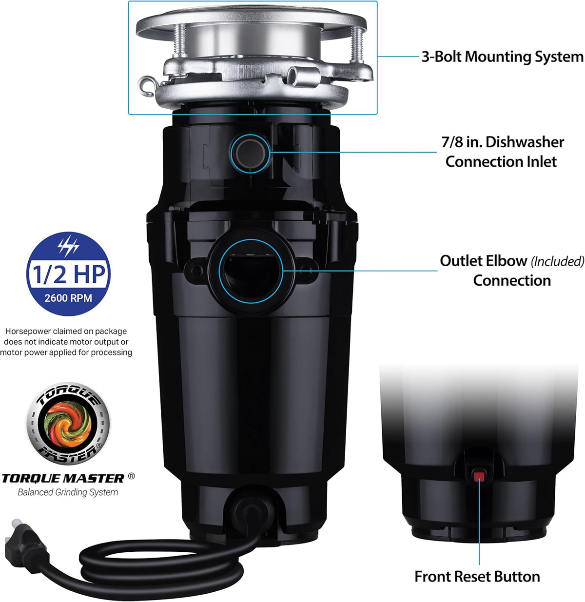 Garbage Disposal, Anti-Jam, Continuous Feed, 1/2 HP Economy