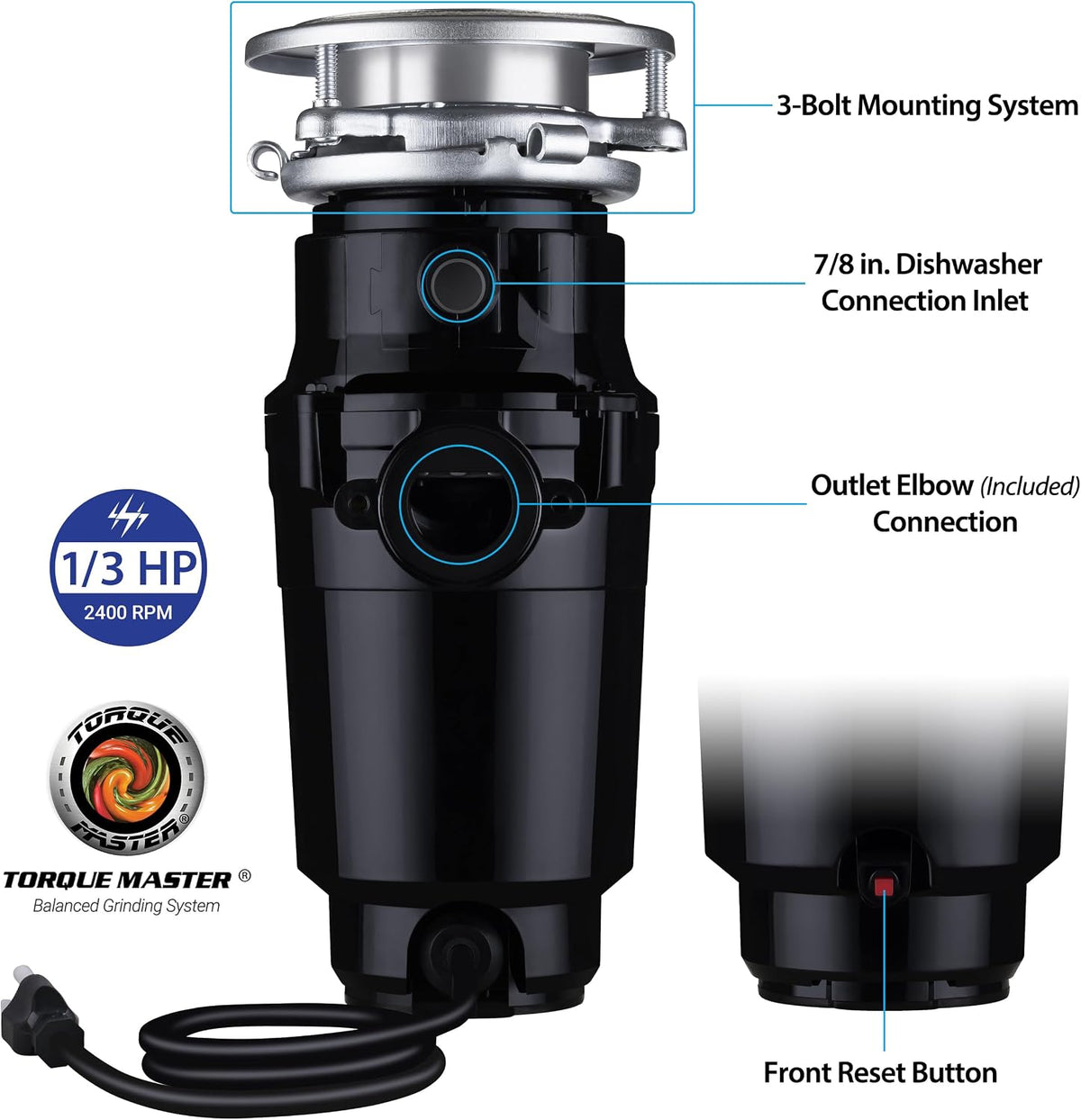 Garbage Disposal, Anti-Jam, Continuous Feed, 1/2 HP Economy