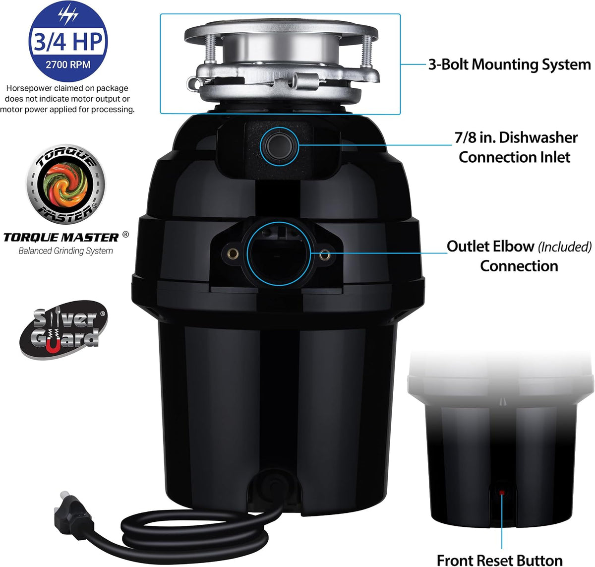 Garbage Disposal, Anti-Jam, Continuous Feed, 1/2 HP Economy