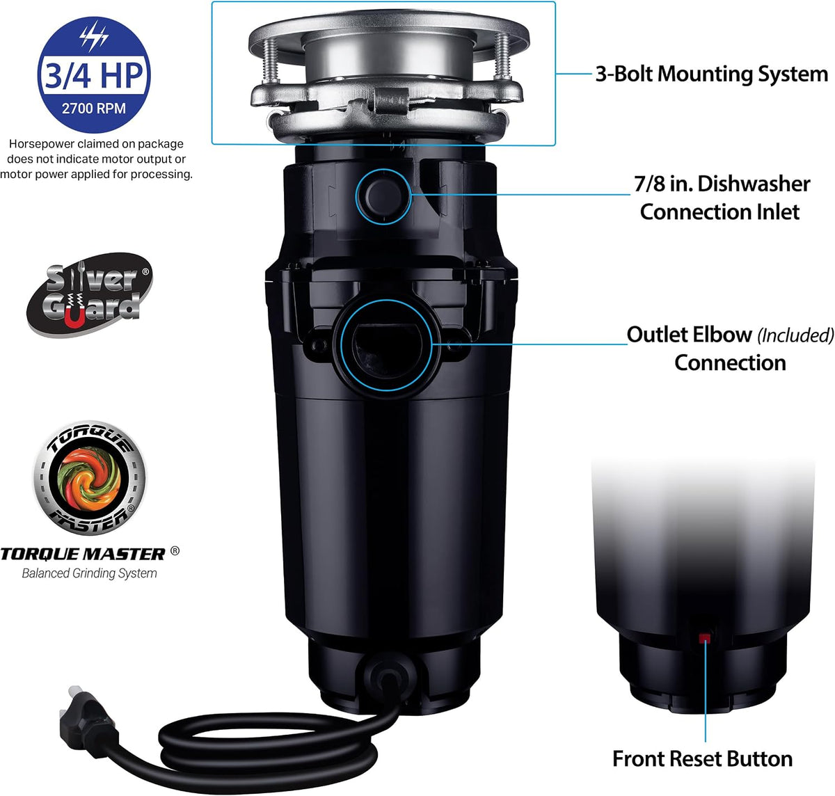 Garbage Disposal, Anti-Jam, Continuous Feed, 1/2 HP Economy