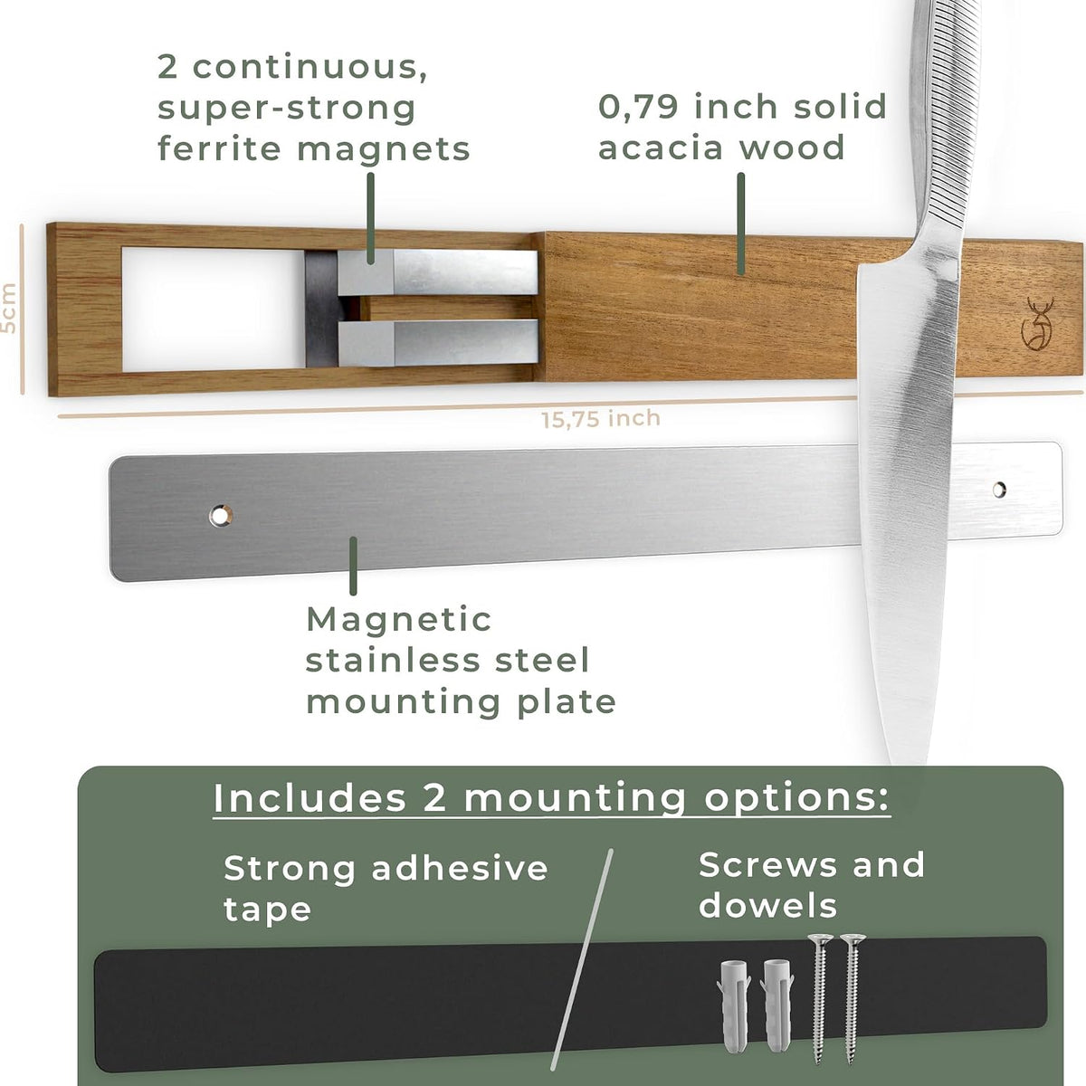 Knife Magnetic Strip (15,7 x 2 in) Mount with Adhesive or Screws - Magnetic Knife Holder for Wall - Magnetic Knife Strip made of Elegant Acacia Wood - Magnetic Knife Holder for Heavy Knifes