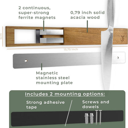 Knife Magnetic Strip (15,7 x 2 in) Mount with Adhesive or Screws - Magnetic Knife Holder for Wall - Magnetic Knife Strip made of Elegant Acacia Wood - Magnetic Knife Holder for Heavy Knifes